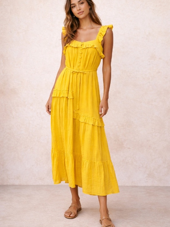 Apiece Apart Dresses & Skirts - Apiece Apart Lypie Dress Size 0 XS Yellow Gauze Cotton Ruffle Tiered Midi Boho